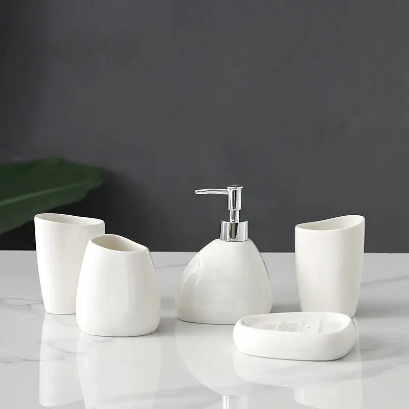 Simples Market white ceramic 4-piece bathroom accessory set with soap dispenser, mouthwash cup, toothbrush holder and tray