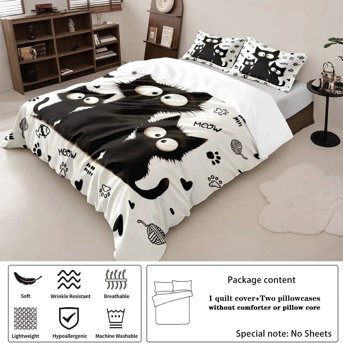 3-piece black cat print bedding set with duvet cover and two pillowcases on a white bed; machine washable