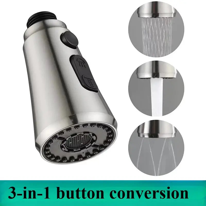 3-in-1 faucet spray nozzle in stainless steel with jet, spray and mist settings