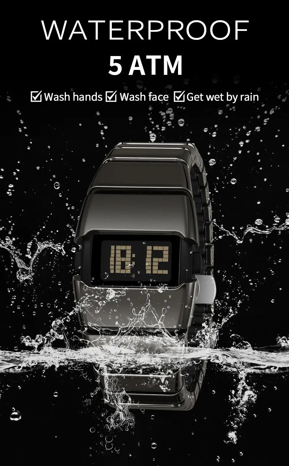 SANDA 9504 Y2K retro electronic watch with black metal band, 5ATM waterproof