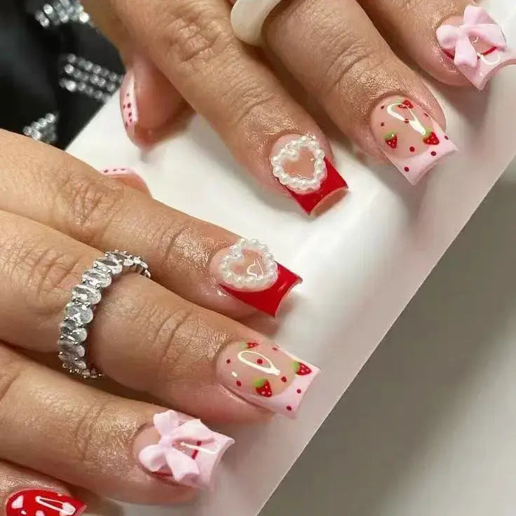 LuxeNail Blush Pink False Nails Bowknot Diamond Pearl Design Press On Nail Tips Harmless Smooth Edge Safe DIY Mani