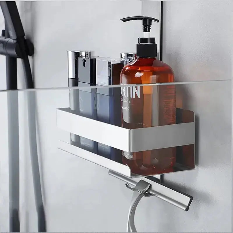 Simples Market movable bathroom shelf organizer in stainless steel, shower storage mounted on glass