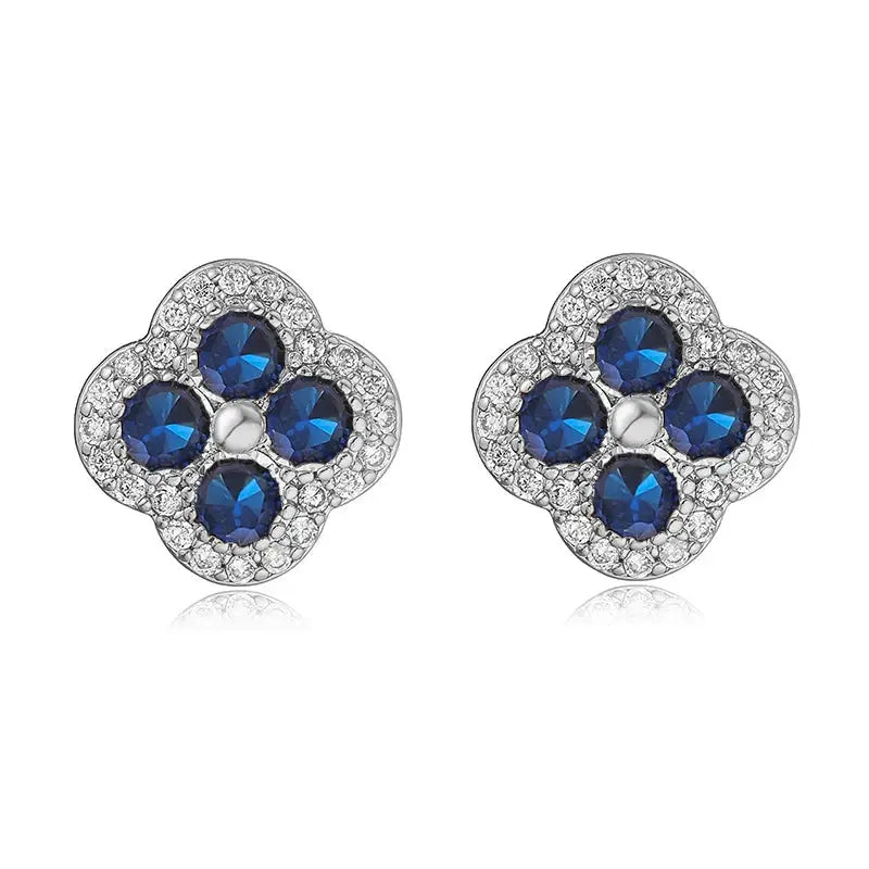 Flower-shaped earrings, 18K gold-plated with blue CZ stones, Simples Market, 1 pair