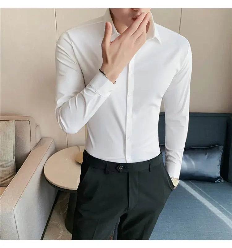 Simples Market men's white long-sleeve dress shirt; plus-size 4XL, slim fit, high-elasticity fabric