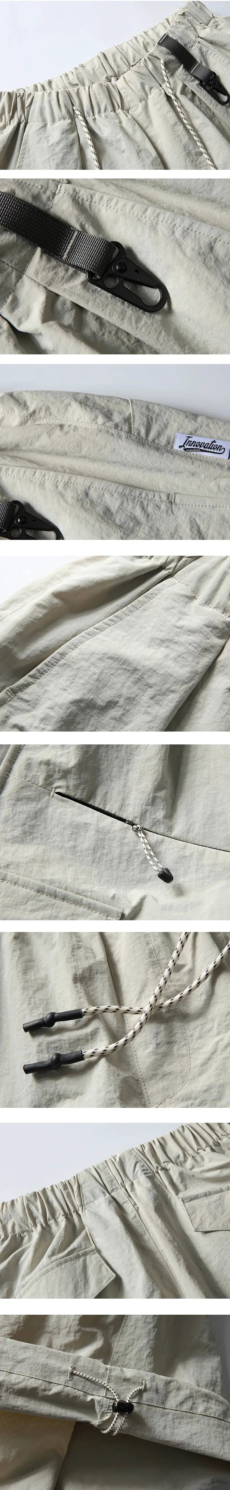 Ultra Loose Lightweight Outdoor Functional Pants khaki with drawcord waist, cargo pockets, wide legs, quick-dry techwear