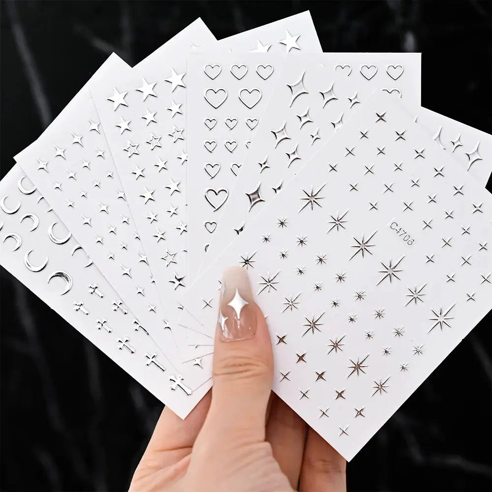 6 sheets metallic silver nail stickers with 3D stars, hearts, moons and starbursts for self-adhesive nail art
