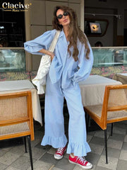 Clacive Plaid Cotton 3 Piece Set Long Sleeve Shirt High Waist Pants