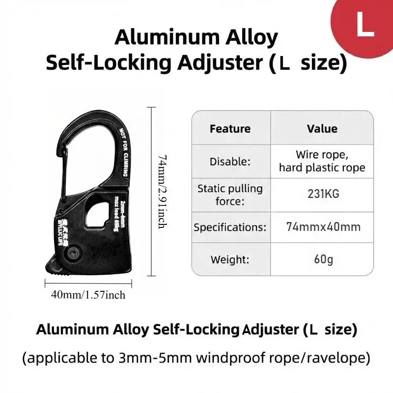 Simples Market aluminum alloy self-locking rope tensioner, black, L size, 74mm x 40mm.