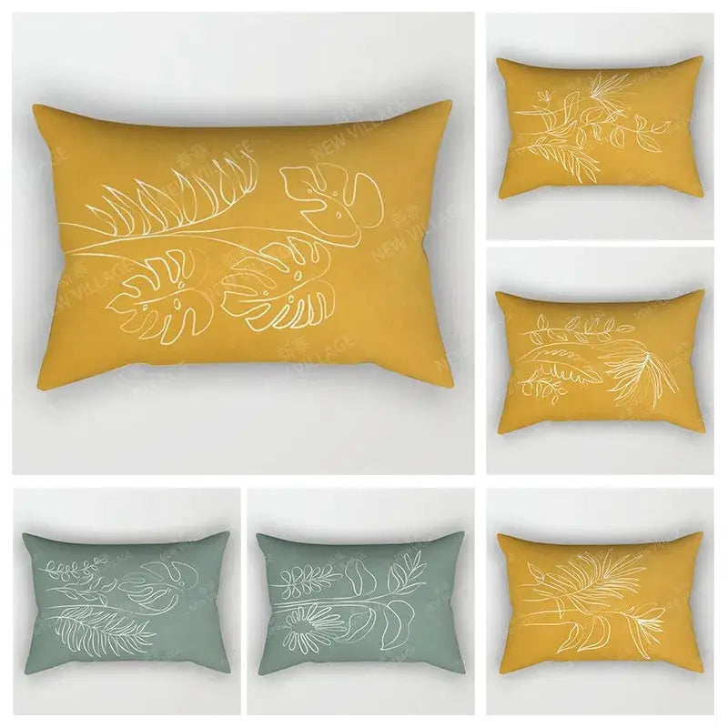 Nordic fall throw pillow covers set of 6 in mustard yellow and sage green with white botanical line art (30x50/50x70).