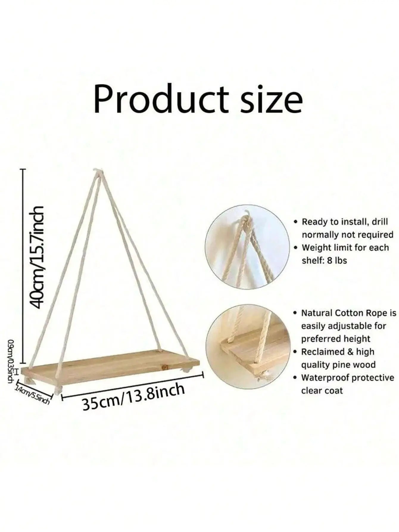 Wooden Hanging Shelf With Hemp Rope Wall Mounted Floating Shelf For Plants And Decor In Living Room