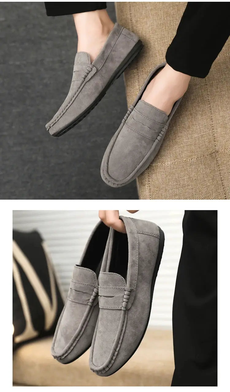 Men's driving loafers in grey suede by Simples Market; casual slip-on work shoes