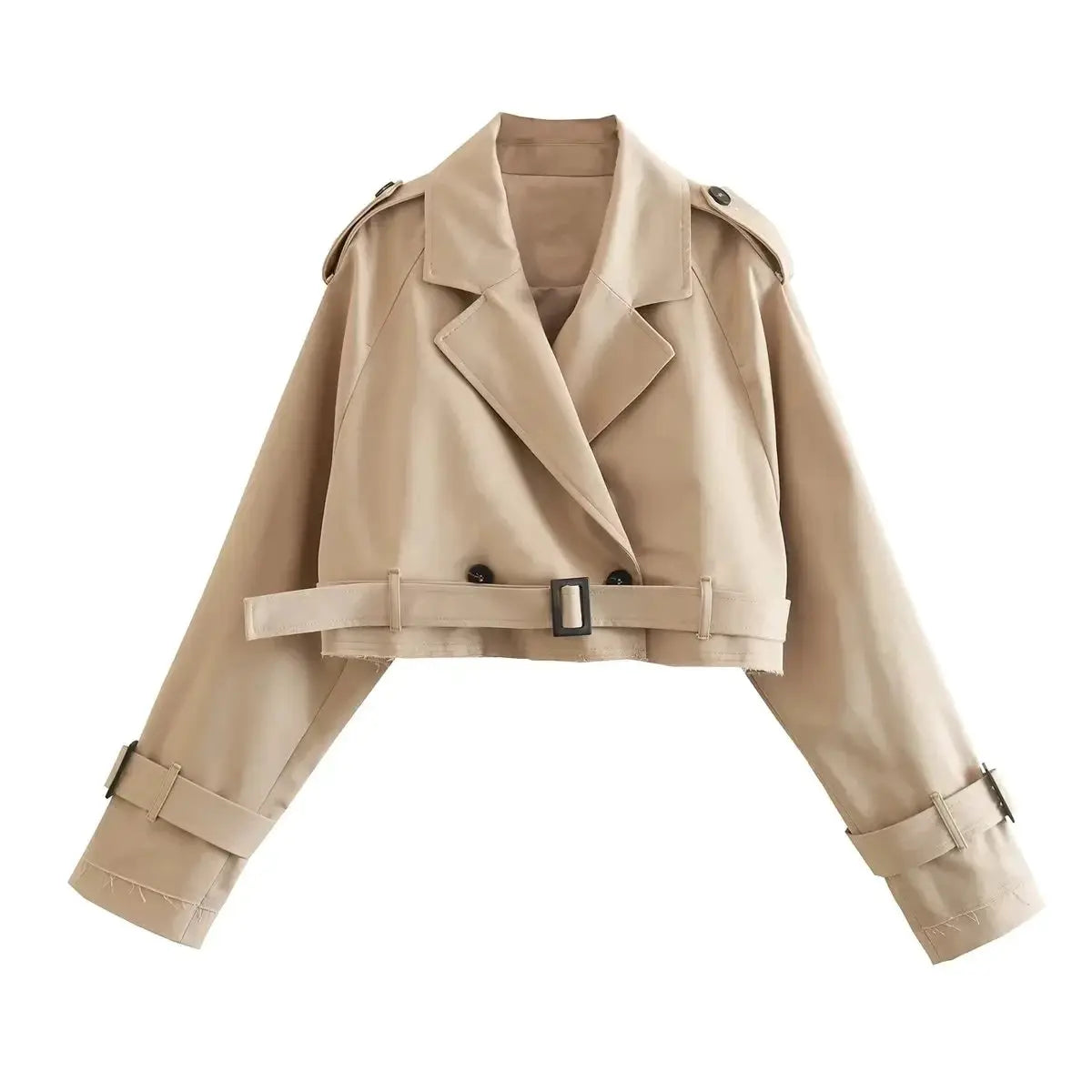 Belted Cropped Trench Coat For Women Vintage Double Breasted Spring Jacket With Long Sleeves Timeless Style