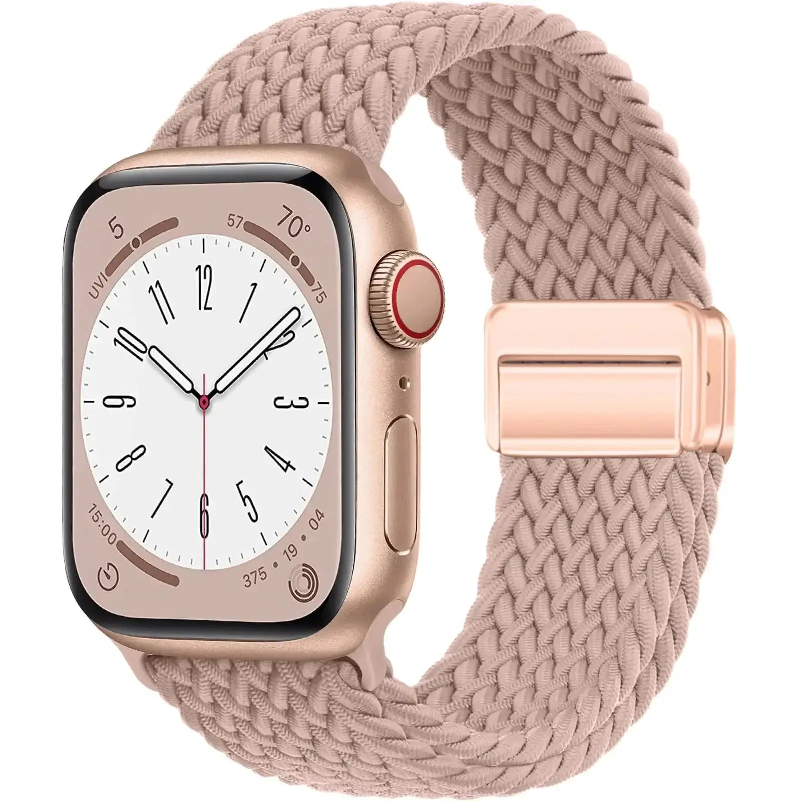 Braided Apple Watch strap in blush pink for 38–49mm bands with rose-gold hardware.