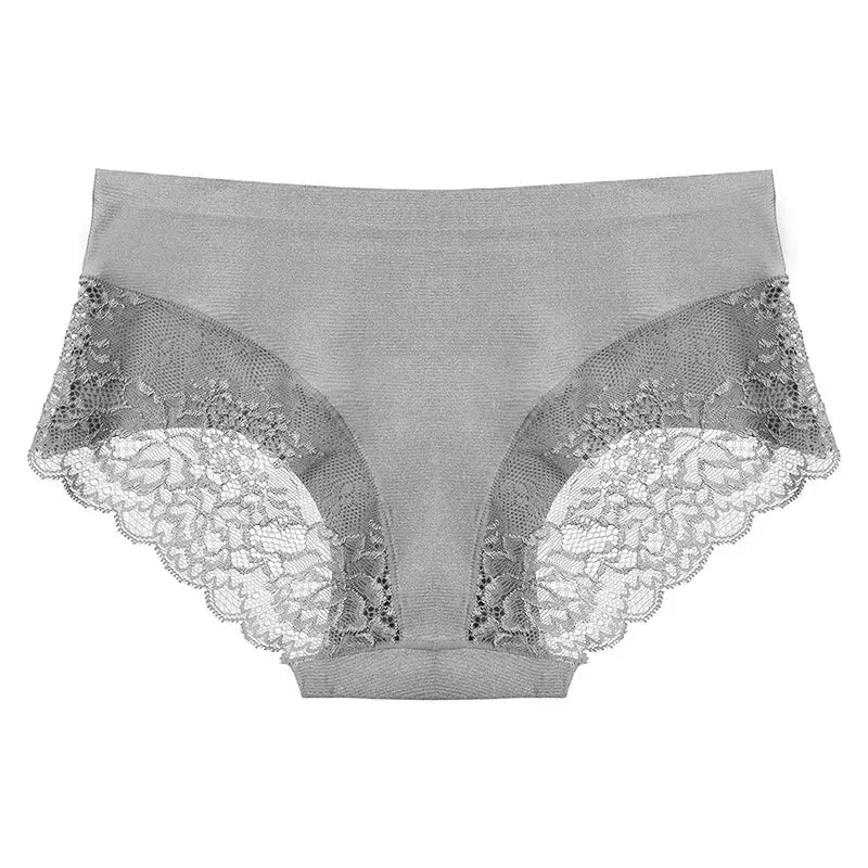 3-piece TrowBridge women's lace panties set in grey silk satin with floral lace trim by Simples Market