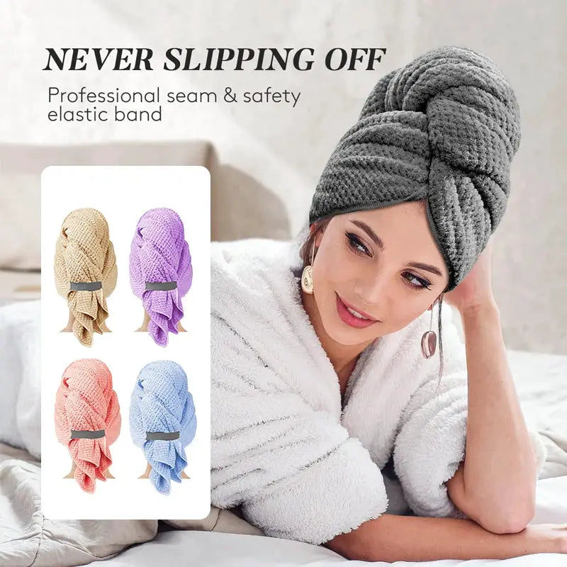 Extra Large Microfiber Hair Towel Wrap With Elastic Band Quick Dry Ultra Absorbent Soft Turban