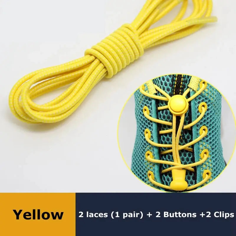 Yellow elastic no-tie round sneaker shoelaces (1 pair) with 2 buttons and 2 clips