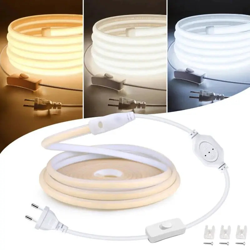 Simples Market COB LED strip light, flexible 1m coil with EU/US plug, shown in warm to cool white options