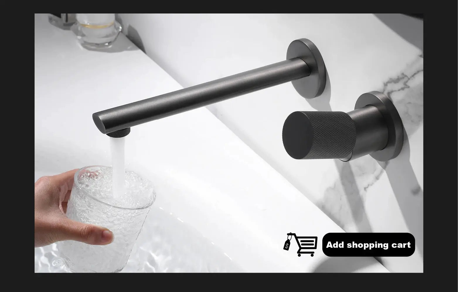Brass black wall-mounted bathroom faucet with long cylindrical spout and knurled round handle, modern fixture