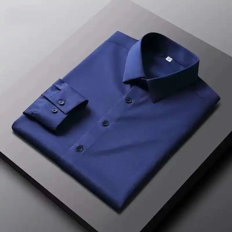 Men's blue long-sleeve solid shirt by Simples Market, non-iron wrinkle-resistant business top