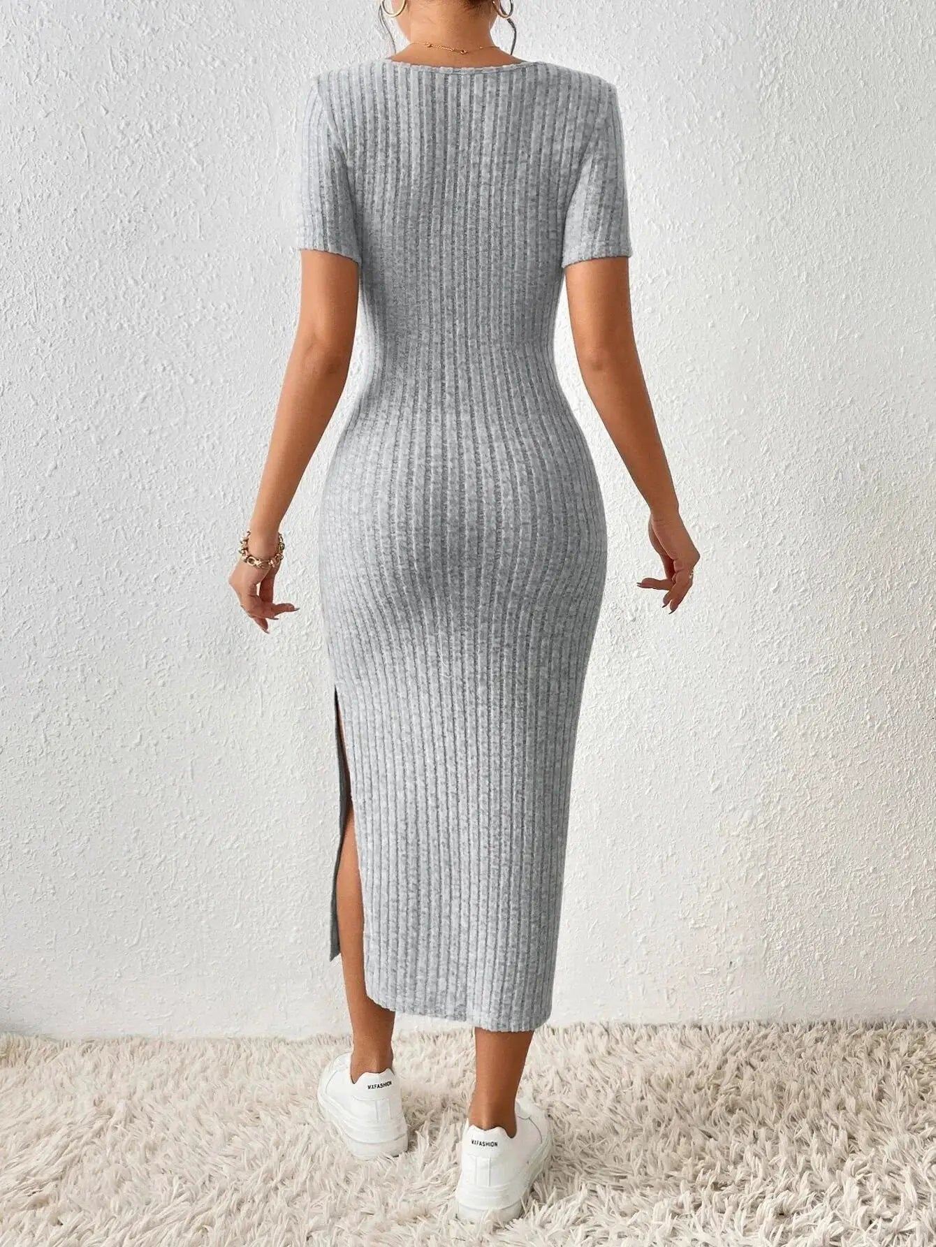 Women Spring Summer Knitted Dress With Square Collar Short Sleeve And Side Slits For Casual Chic