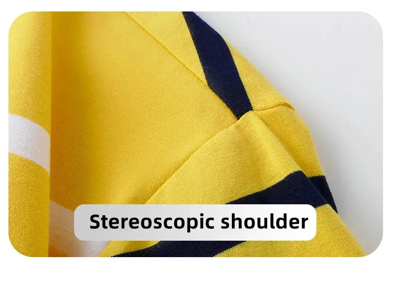 Men's striped polo shirt by Simples Market, yellow with navy stripes, breathable short sleeves