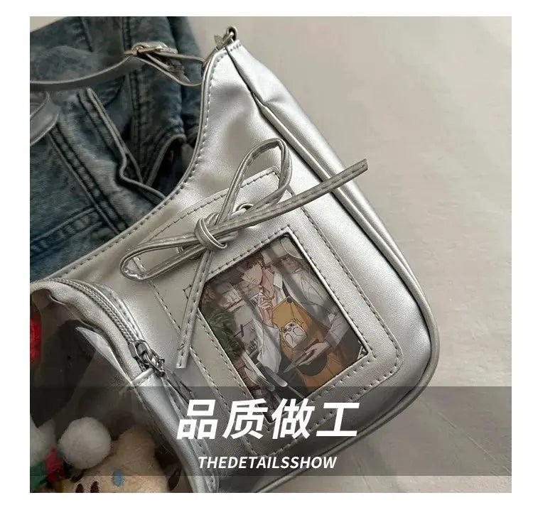 Y2K Harajuku shoulder bag in silver metallic with clear window panel, bow detail and crossbody strap