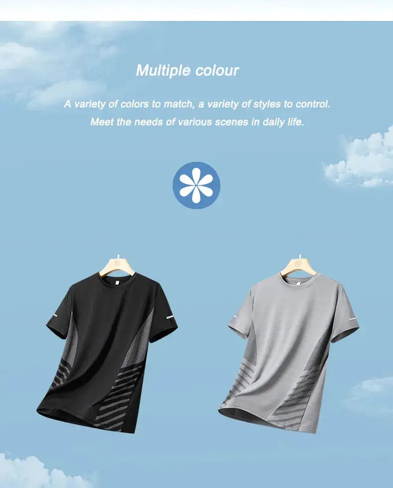 Men's running T-shirts by Simples Market, black and gray, short-sleeve quick-dry breathable, two shirts shown.