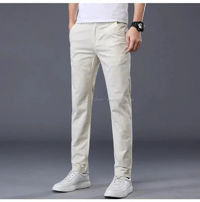 Men's cotton casual pants, light beige, elastic waist, straight slim fit, long summer trousers