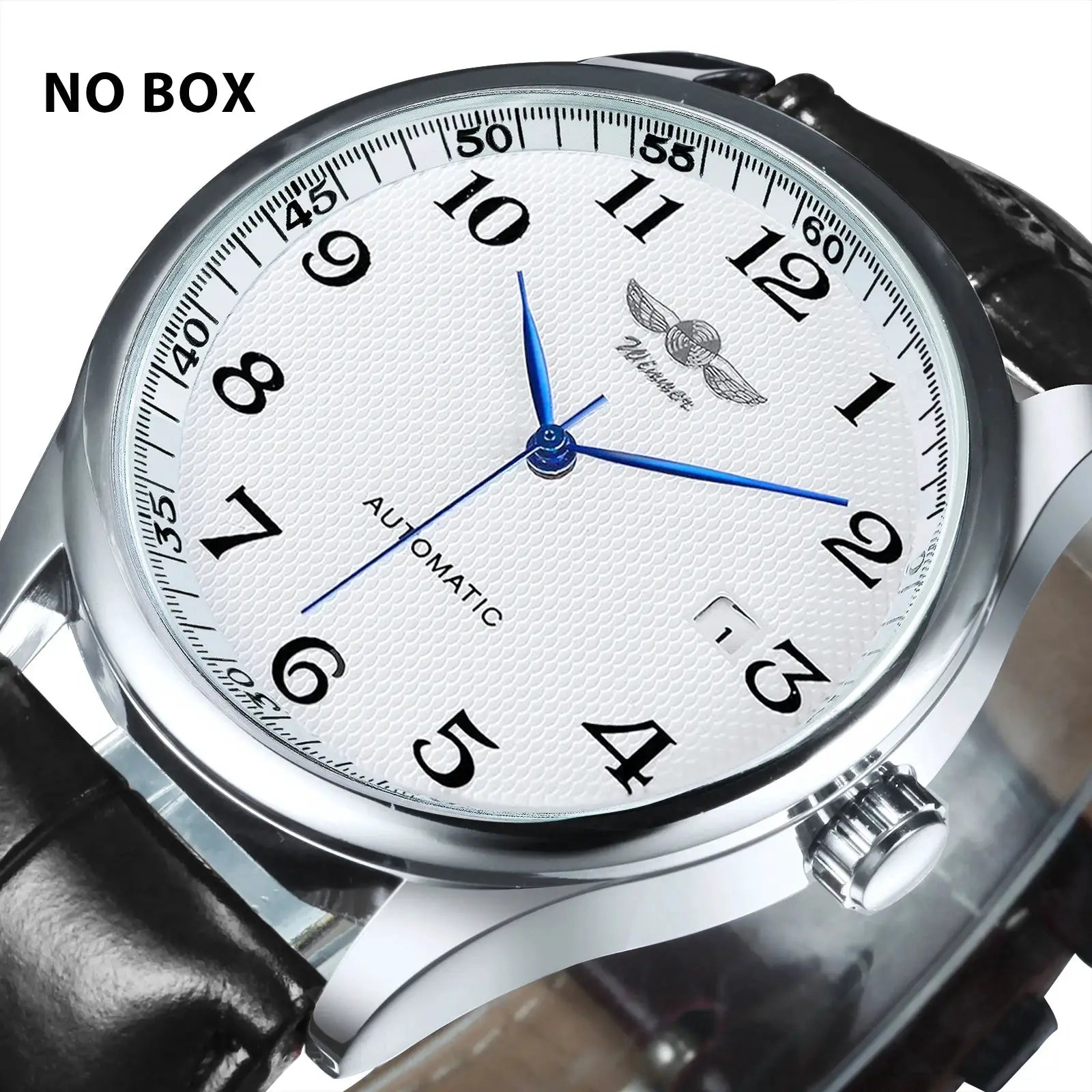 WINNER men's fashion watch with white textured dial, blue hands, steel case and black leather strap