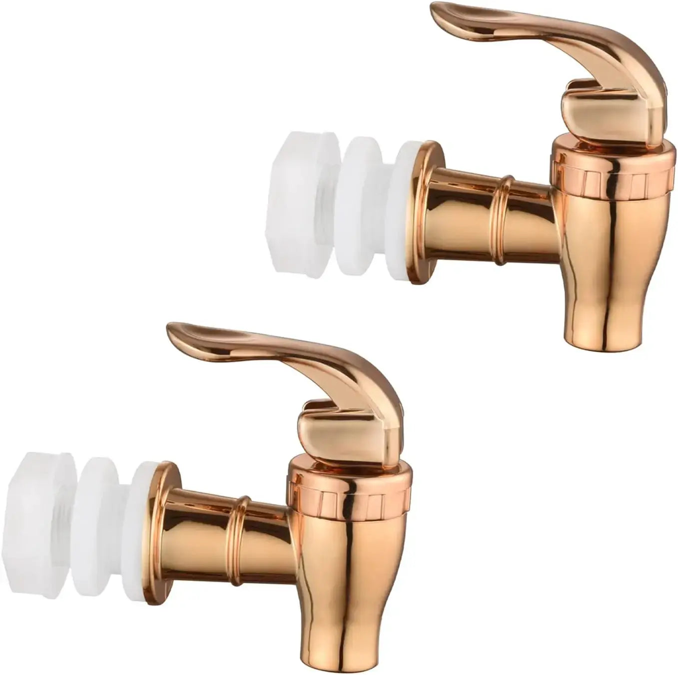 Food-grade electroplated plastic beverage faucet by Simples Market, gold copper finish, pair with white adapters.