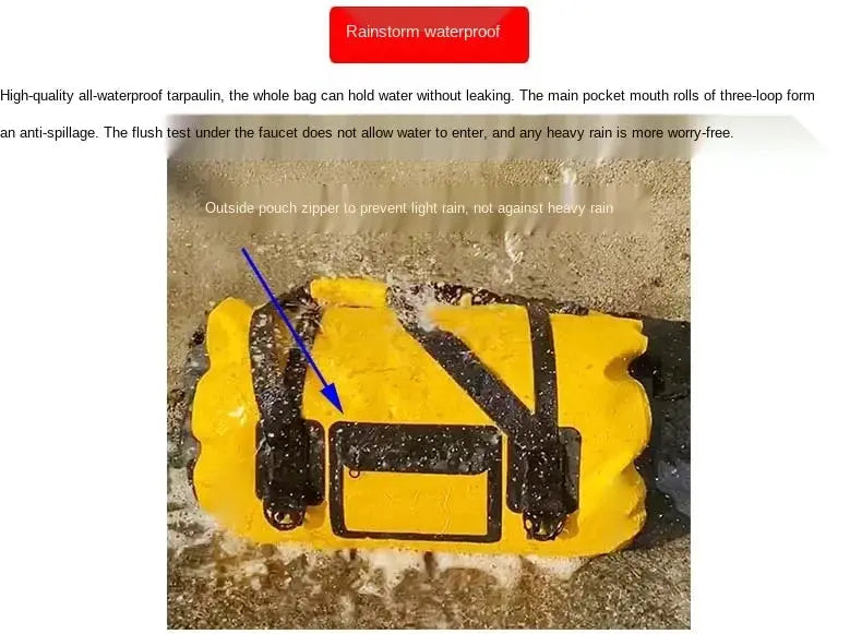 Waterproof yellow duffle bag with black straps and front pocket, 40L–120L capacity for motorcycle tail bag and outdoor adventures