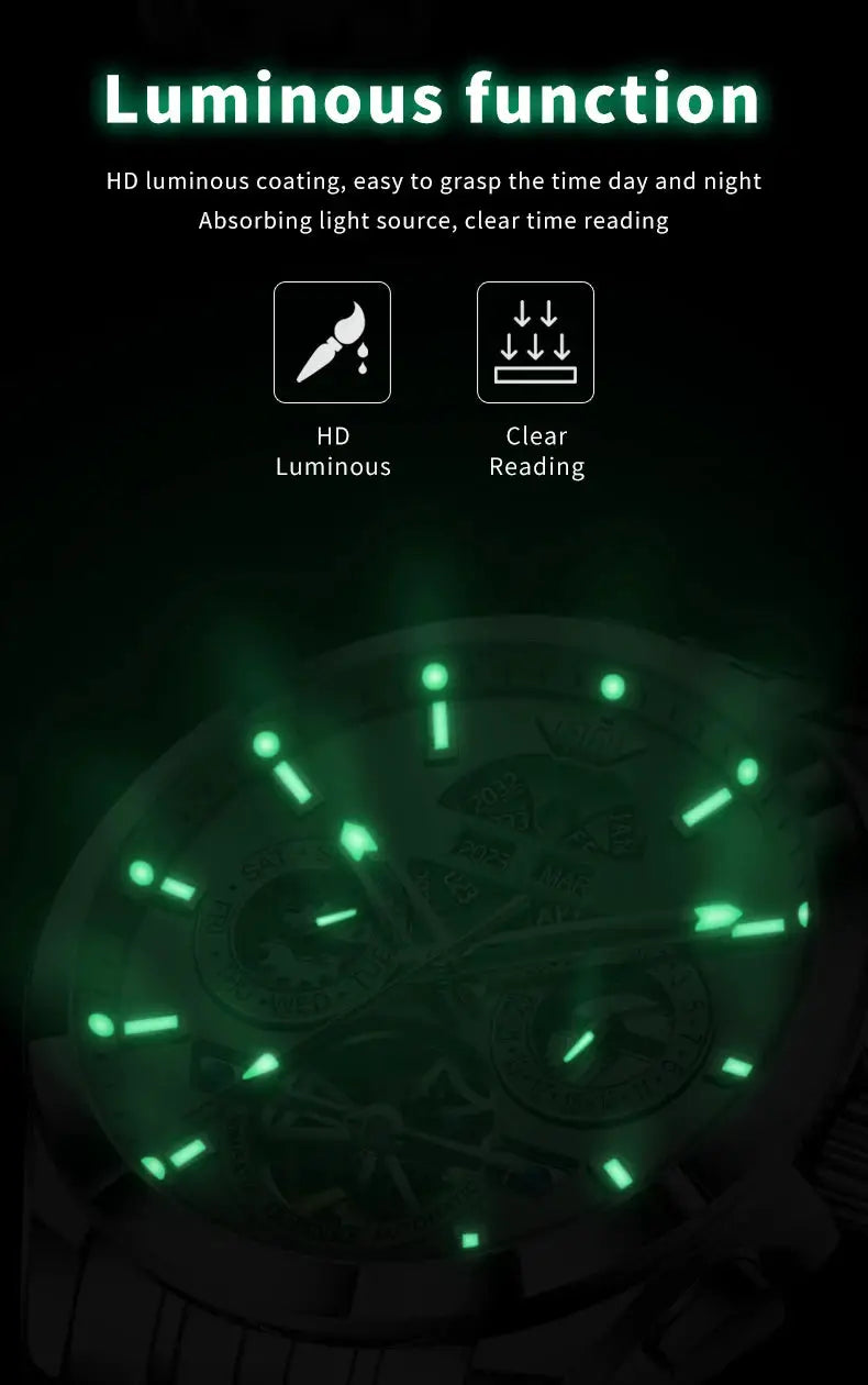 OUPINKE 3251 men's automatic skeleton watch with green luminous markers and date function