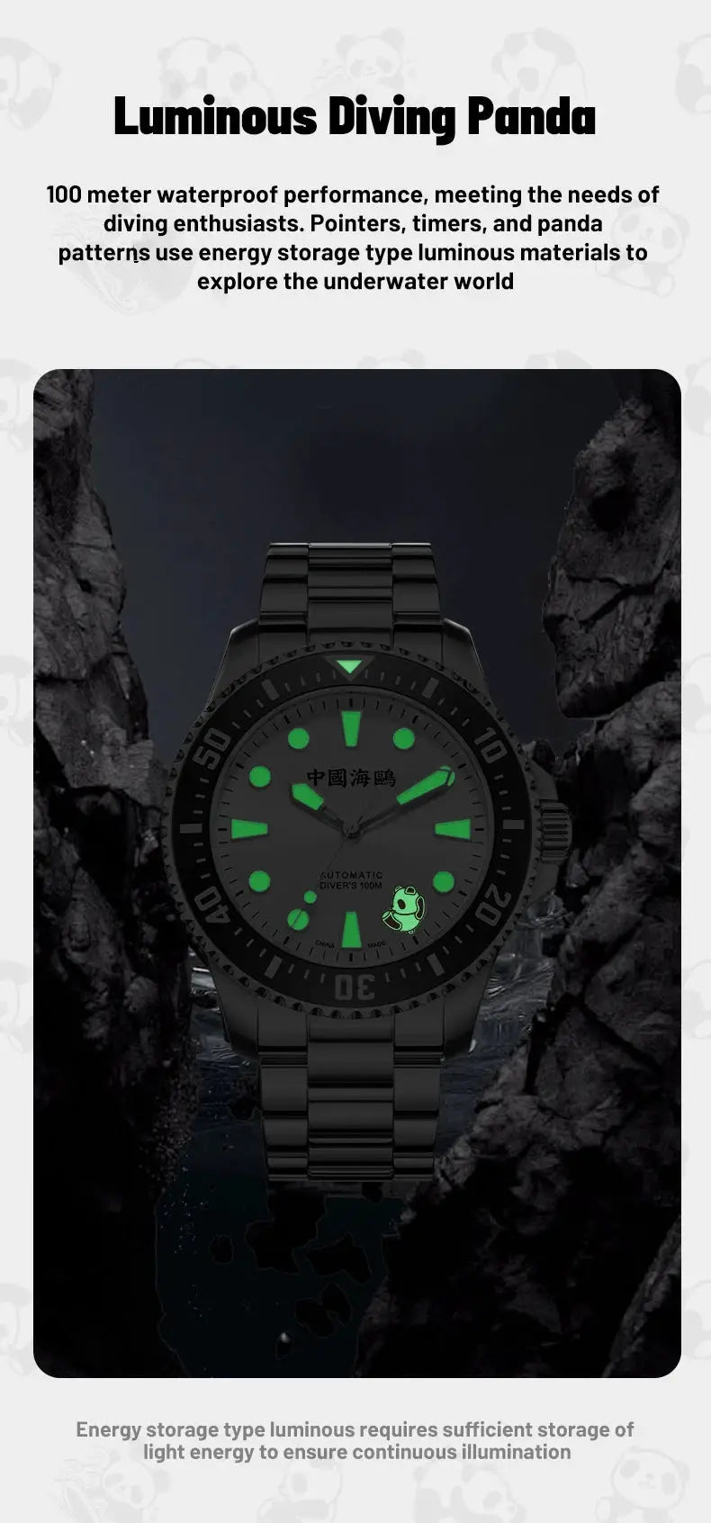 Simples Market black stainless-steel Panda diving watch with green luminous markers and automatic movement