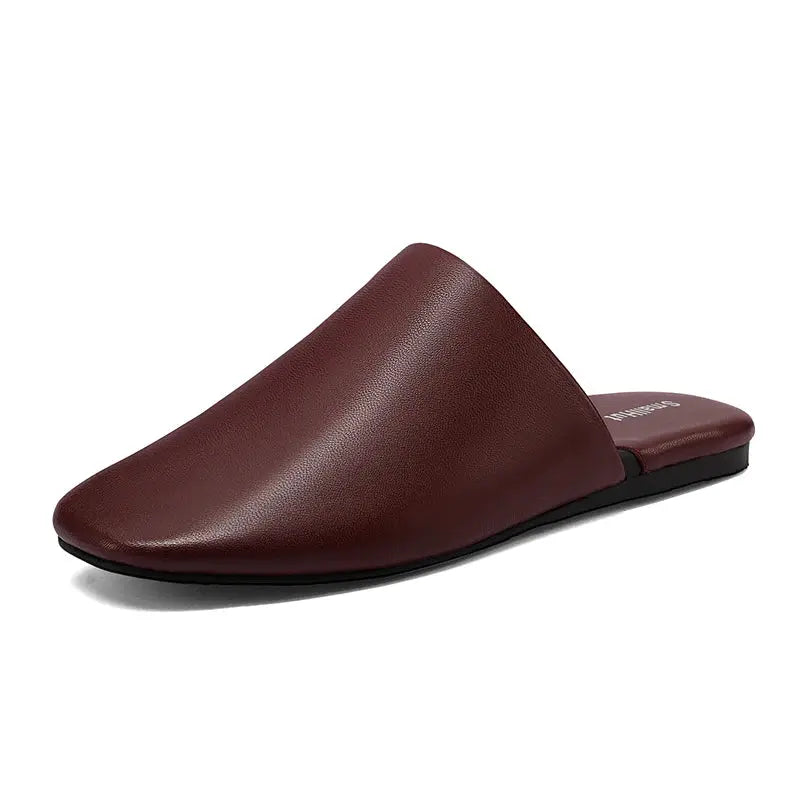 Women’s burgundy sheepskin leather closed-toe mule sandal with flat sole by Simples Market