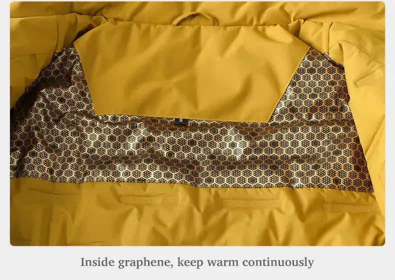 JNLN unisex waterproof fleece jacket, yellow exterior with graphene-patterned inner lining