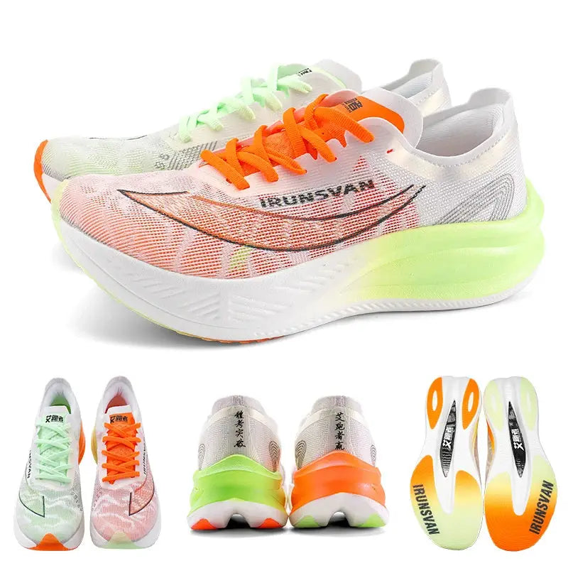 IRUNSVAN carbon-plate marathon running shoes by Simples Market; lightweight white/orange sneakers.