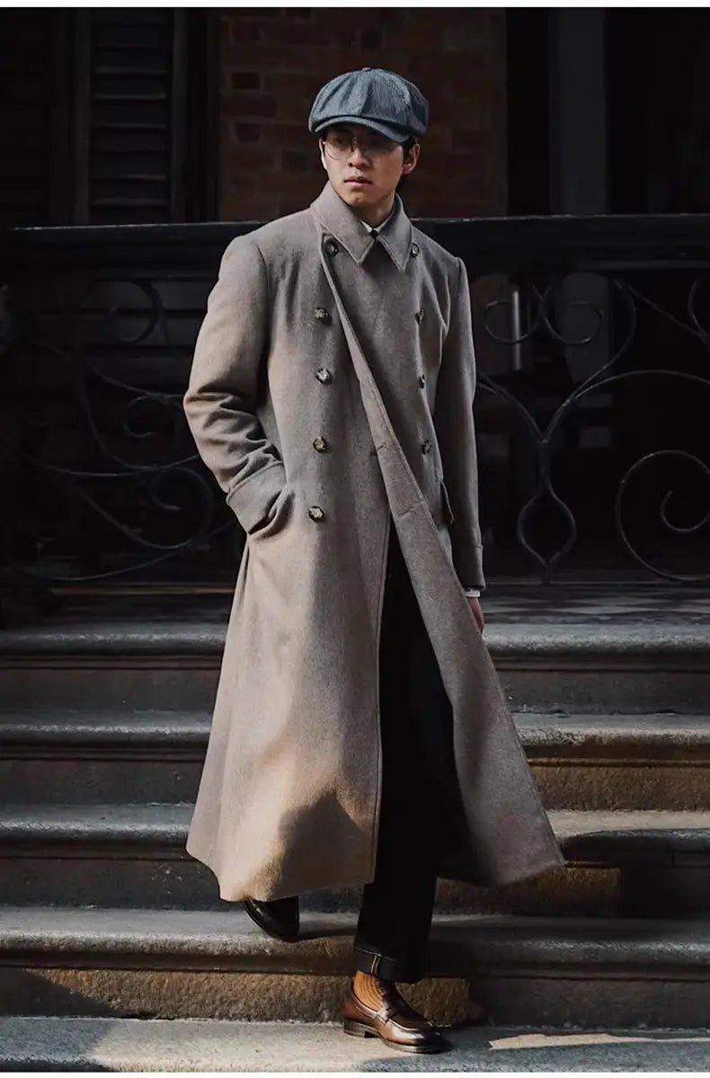 Mauroicardi men's long wool-blend double-breasted overcoat in beige-green, England-style luxury coat