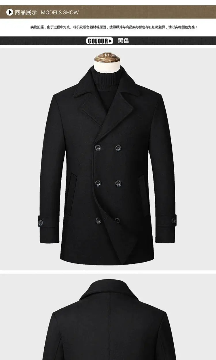 Men's black double-breasted wool overcoat for autumn/winter, warm business coat