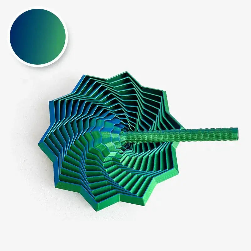 3D-printed sensory fidget star model in blue-green gradient, Simples Market whirling hexagonal spiral ornament