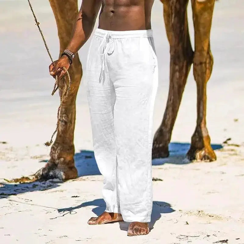 Simples Market men's white cotton-linen pants with drawstring waist, loose jogger style