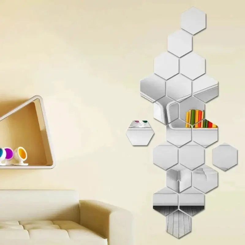 Hexagonal acrylic mirror wall stickers, silver hex tiles, 12pcs, Simples Market.