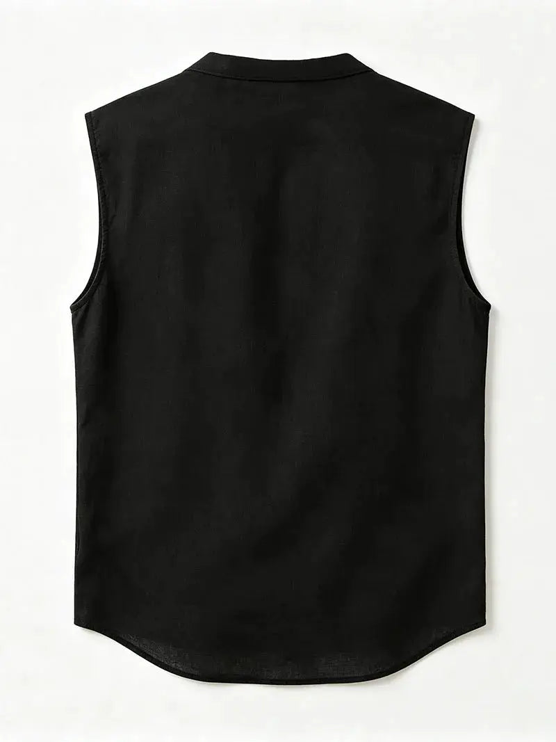 Men's sleeveless cotton-linen shirt in black, turn-down collar, button-up, regular fit.