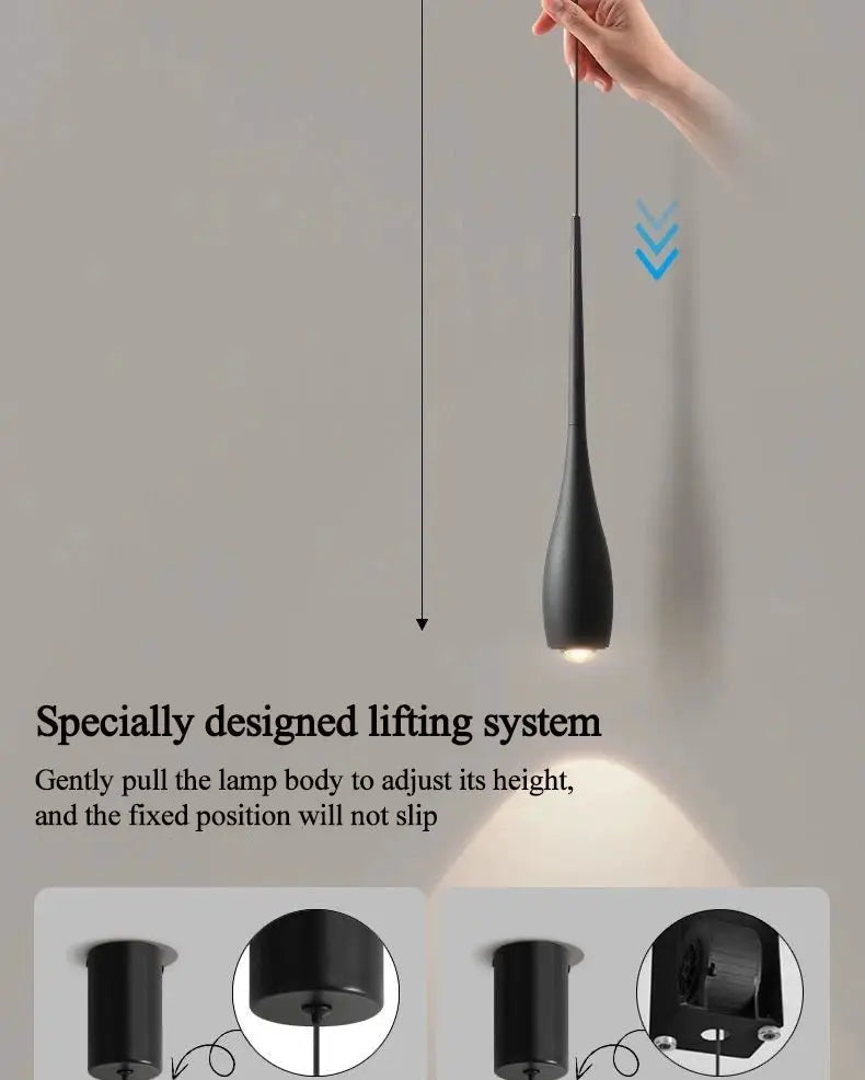 Simples Market MARPOU LED pendant light, black minimalist 6W with adjustable height pull-cord and touch switch