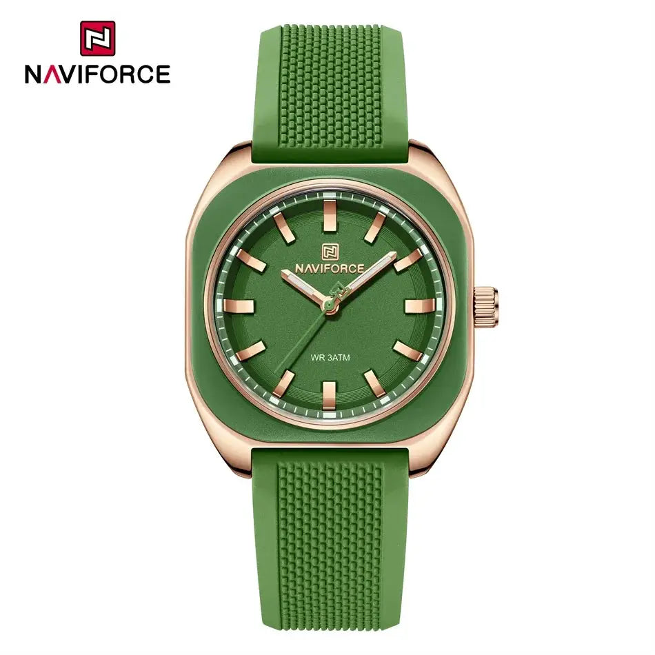 NAVIFORCE women's green silicone strap wristwatch with rose-gold case and green dial