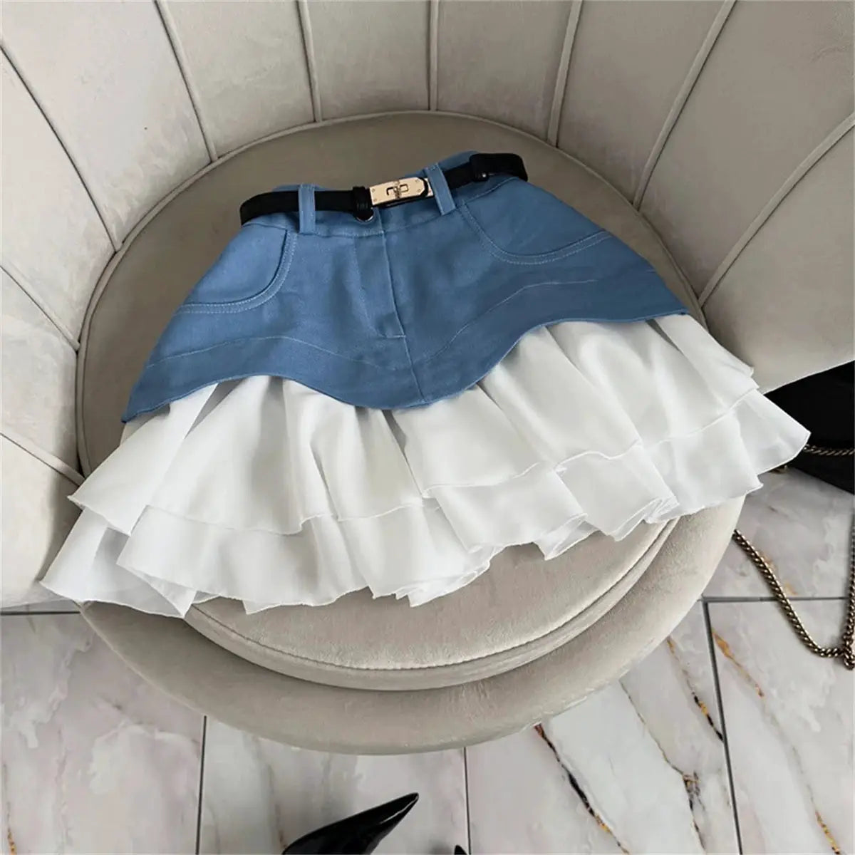 Chic Ruffles Women's blue denim high-waisted midi skirt with white layered chiffon ruffles