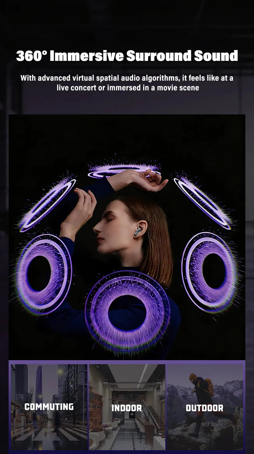 Wireless earbuds, silver Bluetooth earphones with purple 360° surround sound visuals