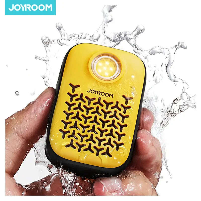 Joyroom wearable Bluetooth speaker, yellow clip-on personal speaker with black trim, IP67 waterproof.