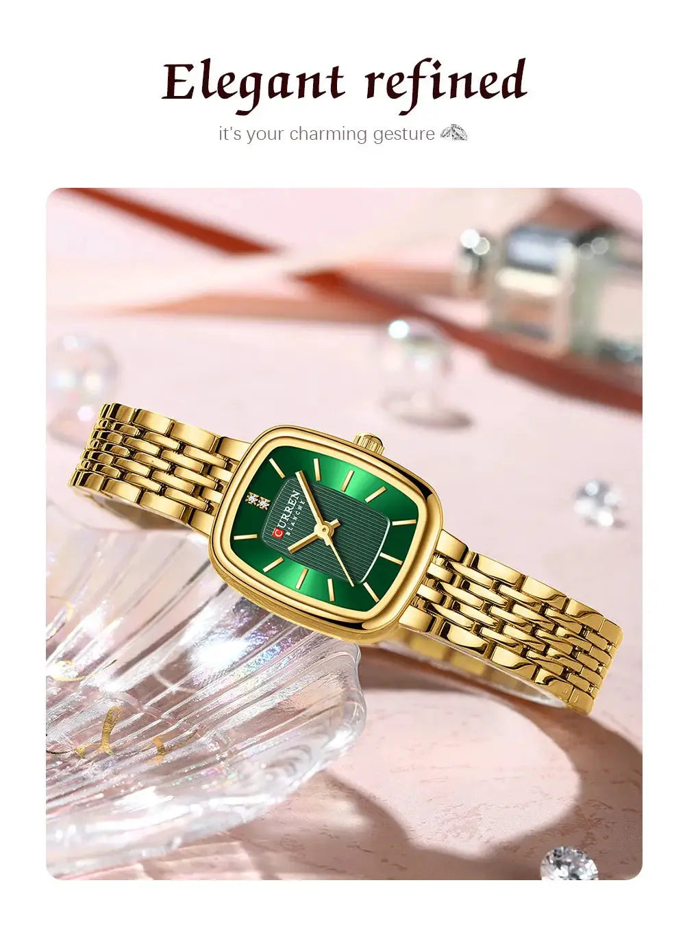 Curren women's quartz watch with green dial and gold-tone bracelet.