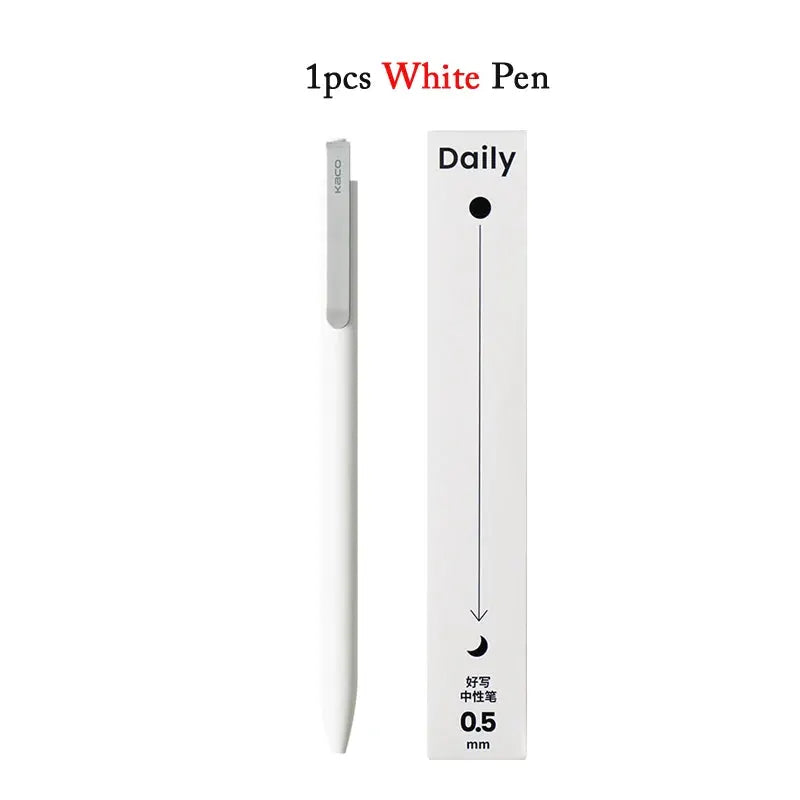 White gel pen with a metal clip, 0.5mm black ink, shown beside its Daily packaging.