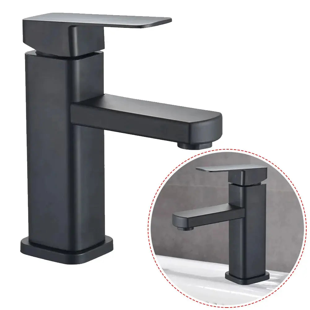 Black matte deck-mounted bathroom faucet with a chrome lever for hot and cold water.